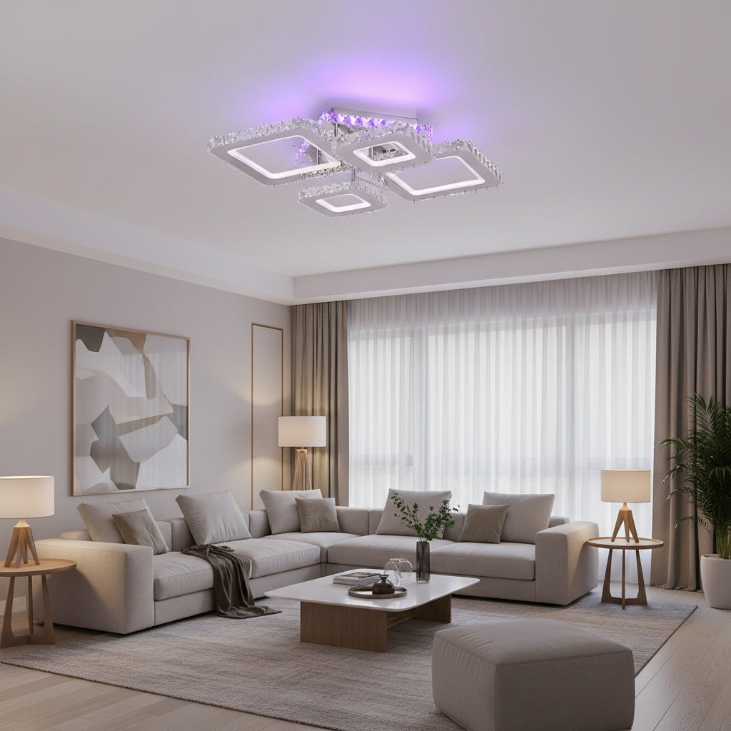 LED полилей с дистанционно управление и кристал NOVA RHOMBA RGB 95W, 4 квадрата, студена/топла/неутрална светлина, възможност за димиране, блестящи хромирани LED полилеи и кристали Заглавие по подразбиране Alessandro Design