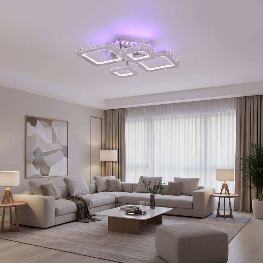 LED полилей с дистанционно управление и кристал NOVA RHOMBA RGB 95W, 4 квадрата, студена/топла/неутрална светлина, възможност за димиране, блестящи хромирани LED полилеи и кристали Заглавие по подразбиране Alessandro Design