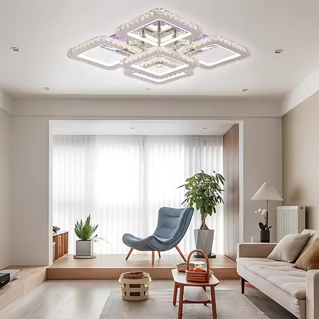 LED полилей с дистанционно управление с кристал QUADRIA SUPREMO RGB, 143W, 5 квадрата, студена/топла/неутрална светлина, димируеми, блестящи хромирани LED полилеи с дистанционно управление Заглавие по подразбиране Alessandro Design