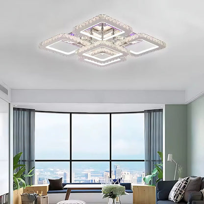 LED полилей с дистанционно управление с кристал QUADRIA SUPREMO RGB, 143W, 5 квадрата, студена/топла/неутрална светлина, димируеми, блестящи хромирани LED полилеи с дистанционно управление Заглавие по подразбиране Alessandro Design