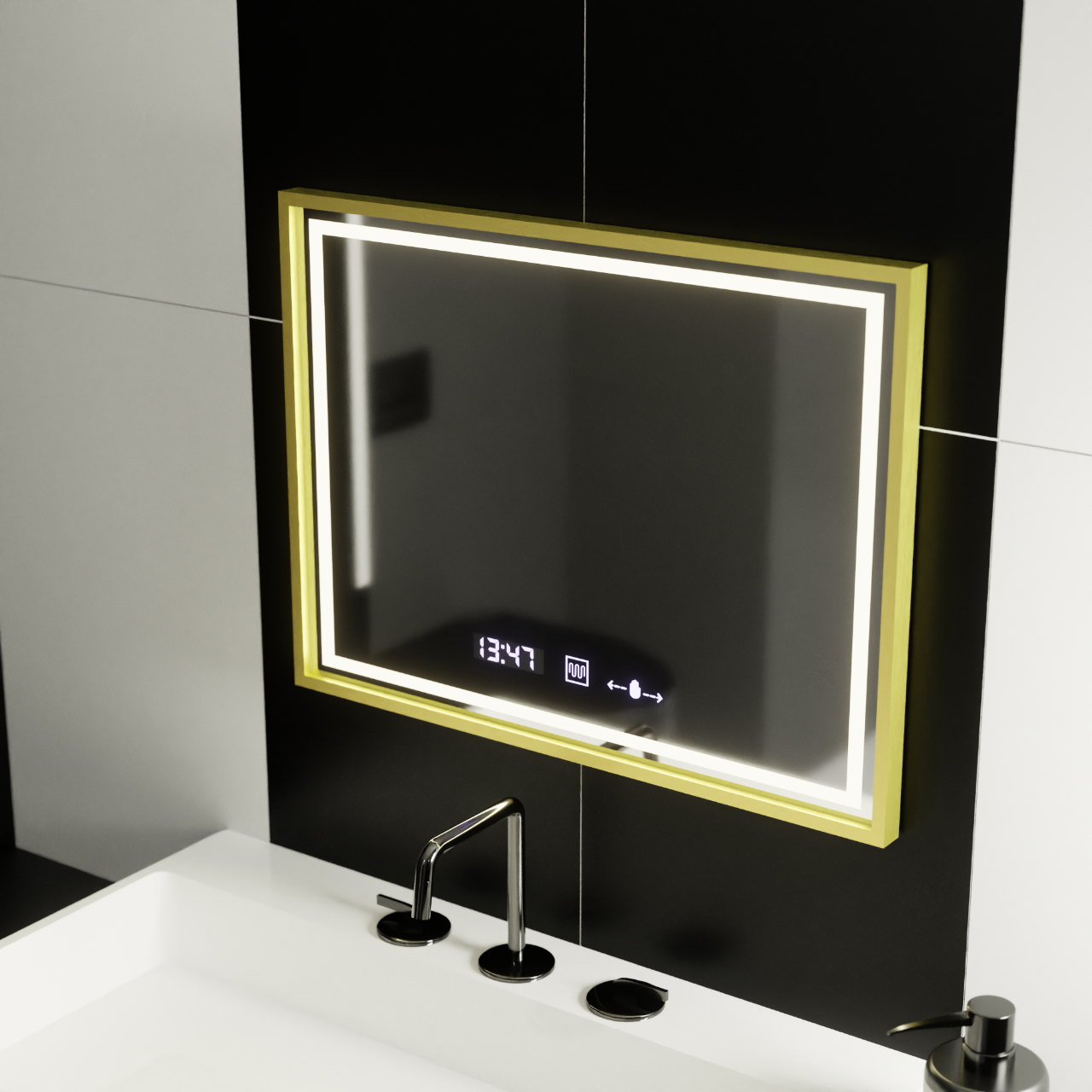 Правоъгълно LED огледало, 80x60 см, Verite Royale Gold MotionGlow Marcello, система за обезпотяване, часовник и термометър, димируеми огледала Marcello Заглавие по подразбиране Alessandro Design