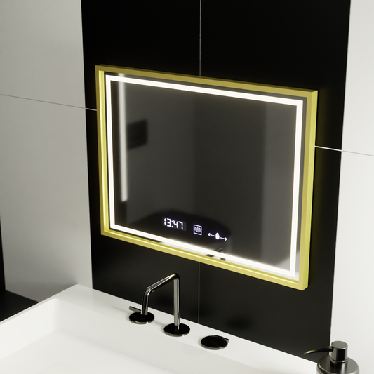 Правоъгълно LED огледало, 80x60 см, Verite Royale Gold MotionGlow Marcello, система за обезпотяване, часовник и термометър, димируеми огледала Marcello Заглавие по подразбиране Alessandro Design