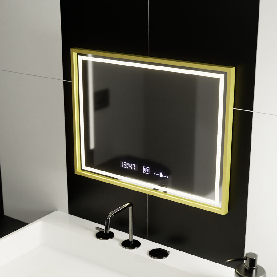 Правоъгълно LED огледало, 80x60 см, Verite Royale Gold MotionGlow Marcello, система за обезпотяване, часовник и термометър, димируеми огледала Marcello Заглавие по подразбиране Alessandro Design
