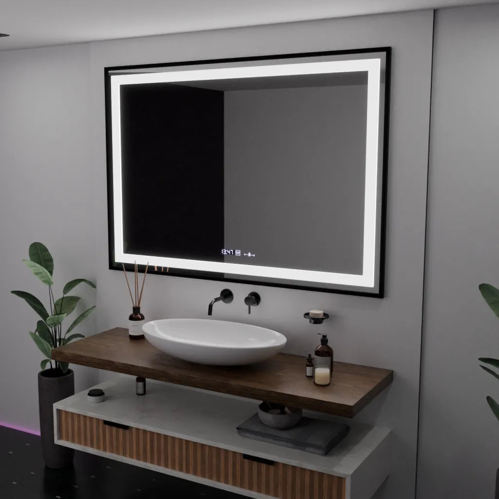 Правоъгълно LED огледало, 100x65 см, Verite Majeste Noir Motion Glow Marcello, система за обезпотяване, часовник и термометър, димируеми огледала Marcello Заглавие по подразбиране Alessandro Design