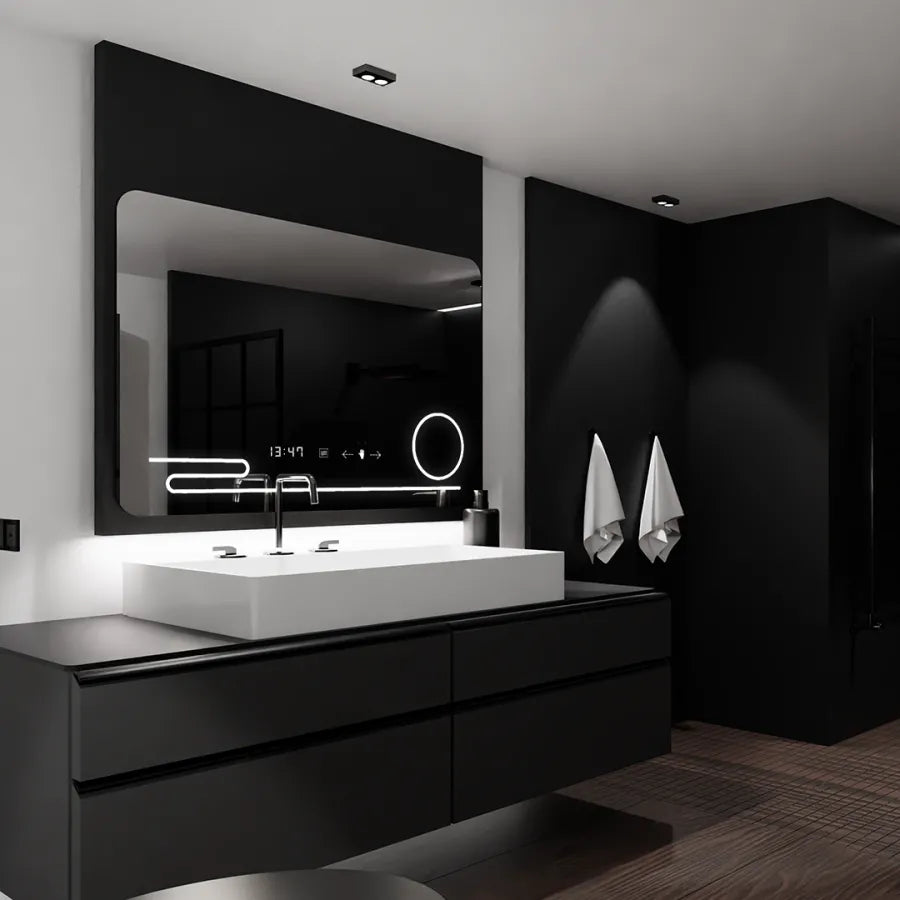 Правоъгълно LED огледало, 120x80 см, Harmonie MotionGlow Marcello, система за обезпотяване, часовник и термометър, козметична лупа, димируеми огледала Marcello Заглавие по подразбиране Alessandro Design