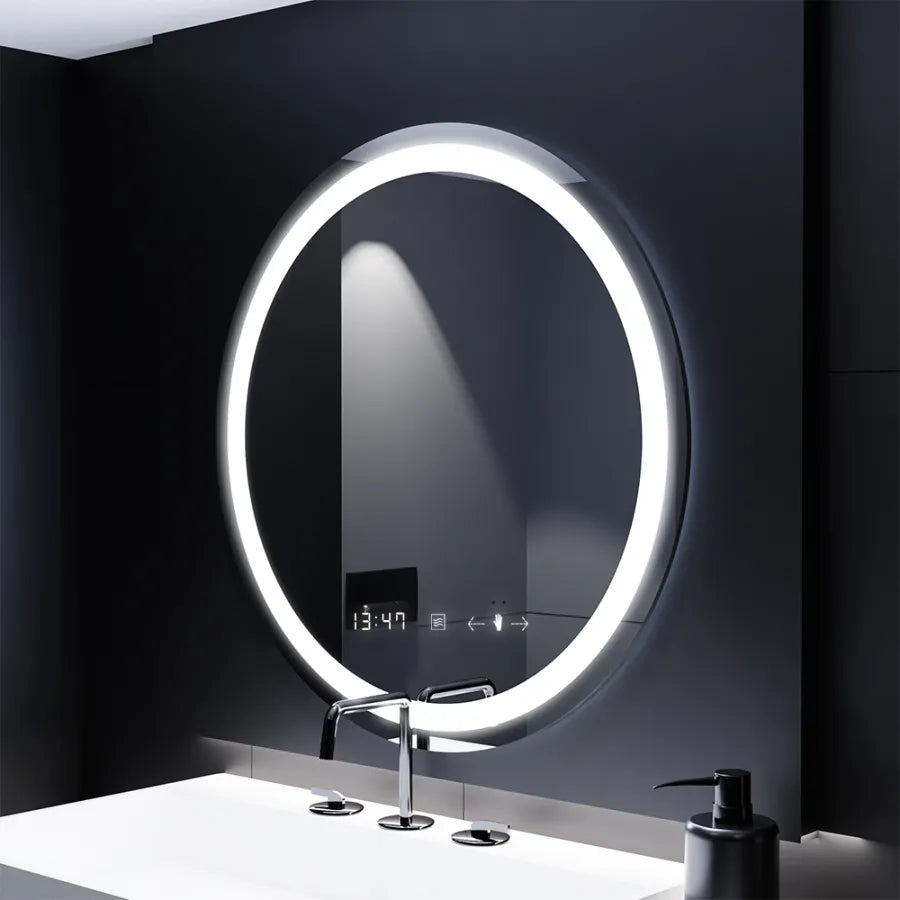 Кръгло LED огледало, 70 см, Celeste MotionGlow Marcello, система против мъгла, часовник и термометър, димируема, топла неутрална студена светлина 3000K/4000K/6000K Marcello Огледала Заглавие по подразбиране Alessandro Design