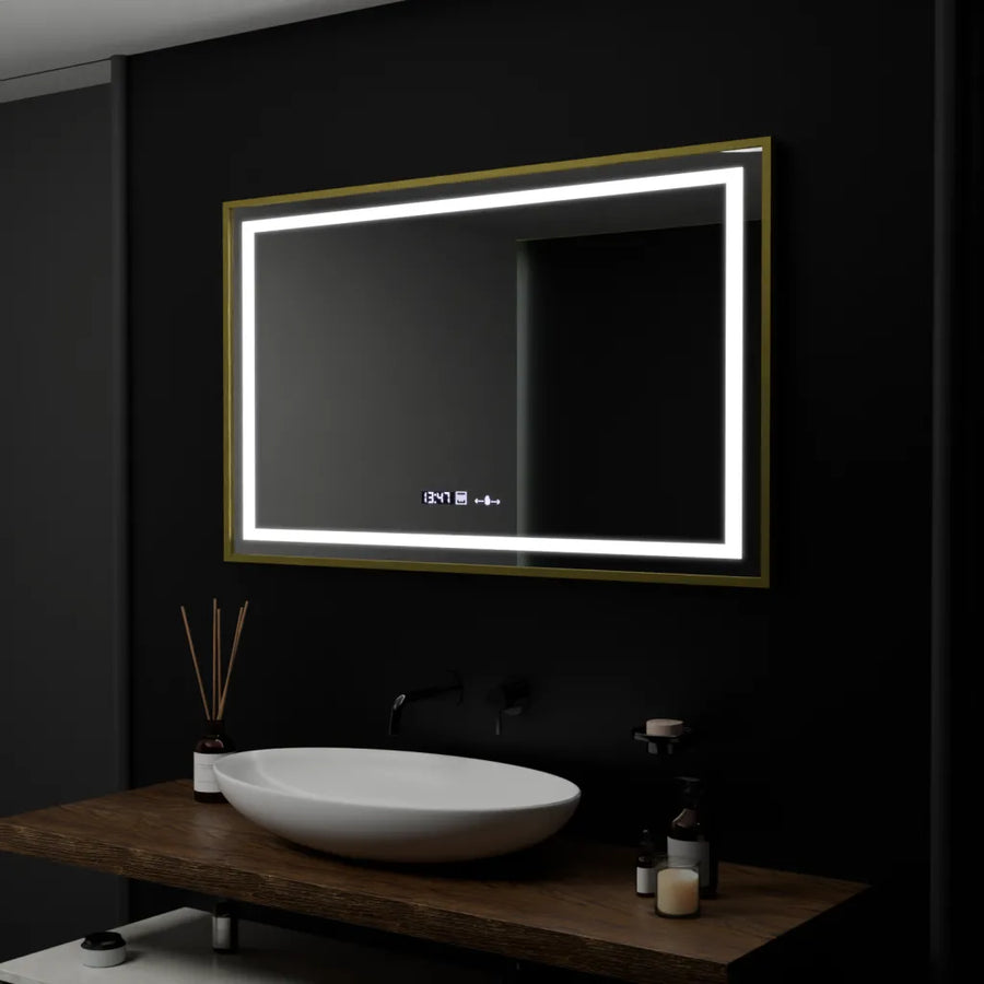 Правоъгълно LED огледало, 100x80 см, Verite Royale Gold Motion Glow Marcello, система за обезпотяване, часовник и термометър, димируеми огледала Marcello Заглавие по подразбиране Alessandro Design