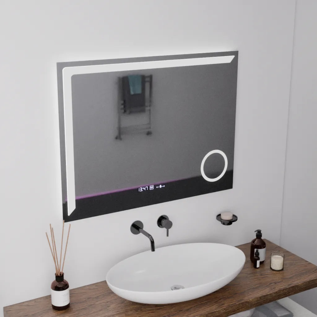 Правоъгълно LED огледало, 80x60 см, Precision MotionGlow Marcello, система за обезпотяване, часовник и термометър, козметична лупа, димируеми огледала Marcello Заглавие по подразбиране Alessandro Design