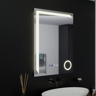 Правоъгълно LED огледало, 60x80 см, Precision MotionGlow Marcello, система за обезпотяване, часовник и термометър, козметична лупа, димиране