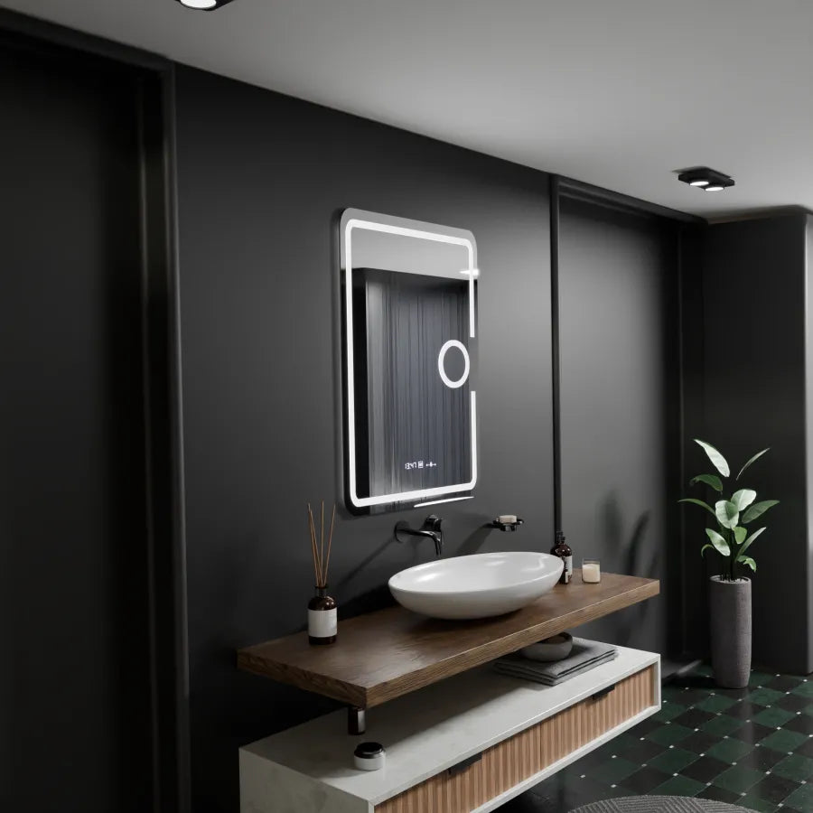 Правоъгълно LED огледало, 50x70 см, Eclat MotionGlow Marcello, система за обезпотяване, часовник и термометър, козметична лупа, димируеми огледала Marcello Заглавие по подразбиране Alessandro Design