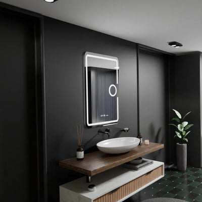 Правоъгълно LED огледало, 50x70 см, Eclat MotionGlow Marcello, система против запотяване, часовник и термометър, козметична лупа, възможност за димиране