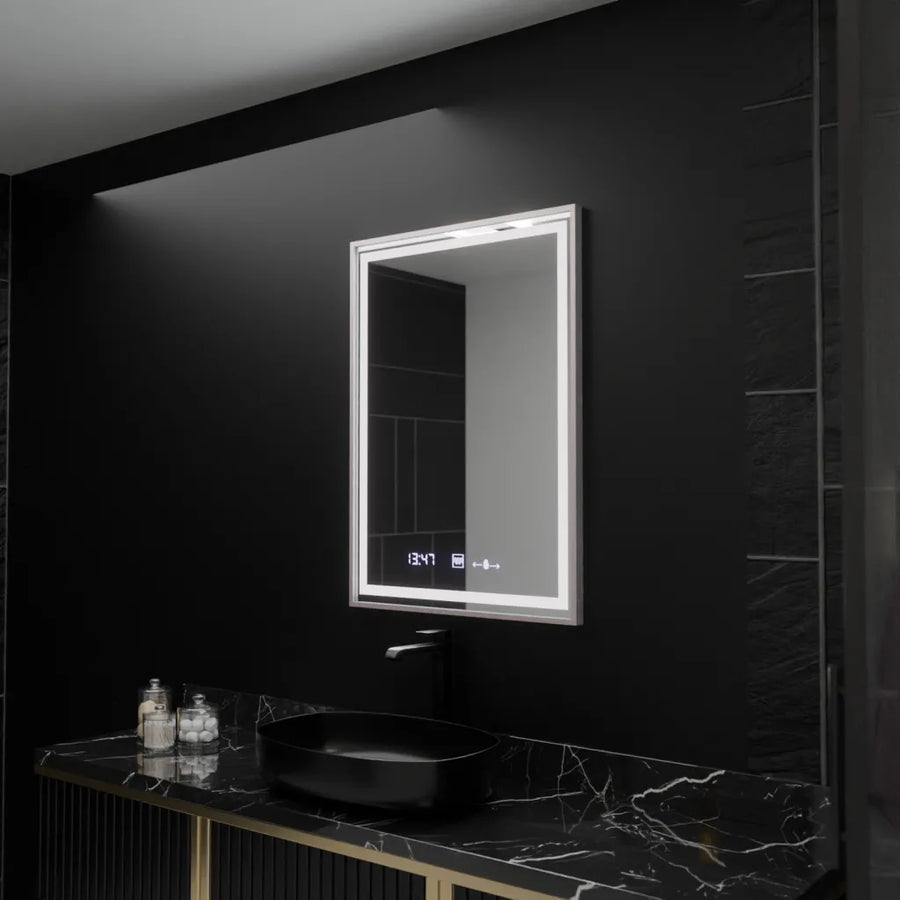 Правоъгълно LED огледало, 60x80 см, Verite Imperial Silver Motion Glow Marcello, система против мъгла, часовник и термометър, димируеми огледала Marcello Заглавие по подразбиране Alessandro Design