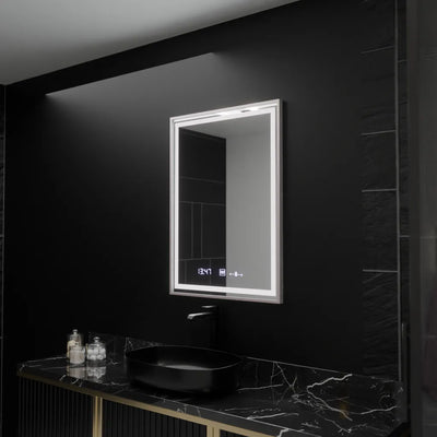 Правоъгълно LED огледало, 60x80 см, Verite Imperial Silver Motion Glow Marcello, система против запотяване, часовник и термометър, димируем