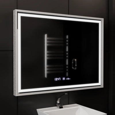 Правоъгълно LED огледало, 80x60 см, Verite Imperial Silver Motion Glow Marcello, система против запотяване, часовник, димиране