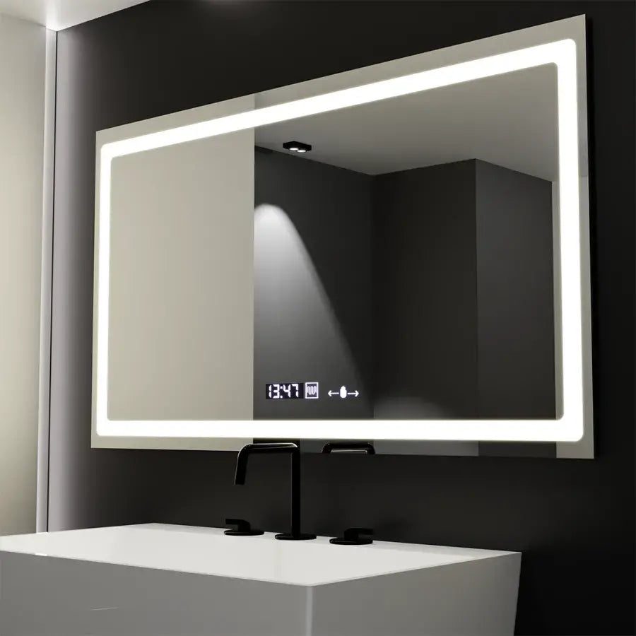 Правоъгълно LED огледало, 120X70 см, радиант MotionGlow сензор Marcello, система за обезпотяване, часовник и термометър, димируеми огледала Marcello Заглавие по подразбиране Alessandro Design