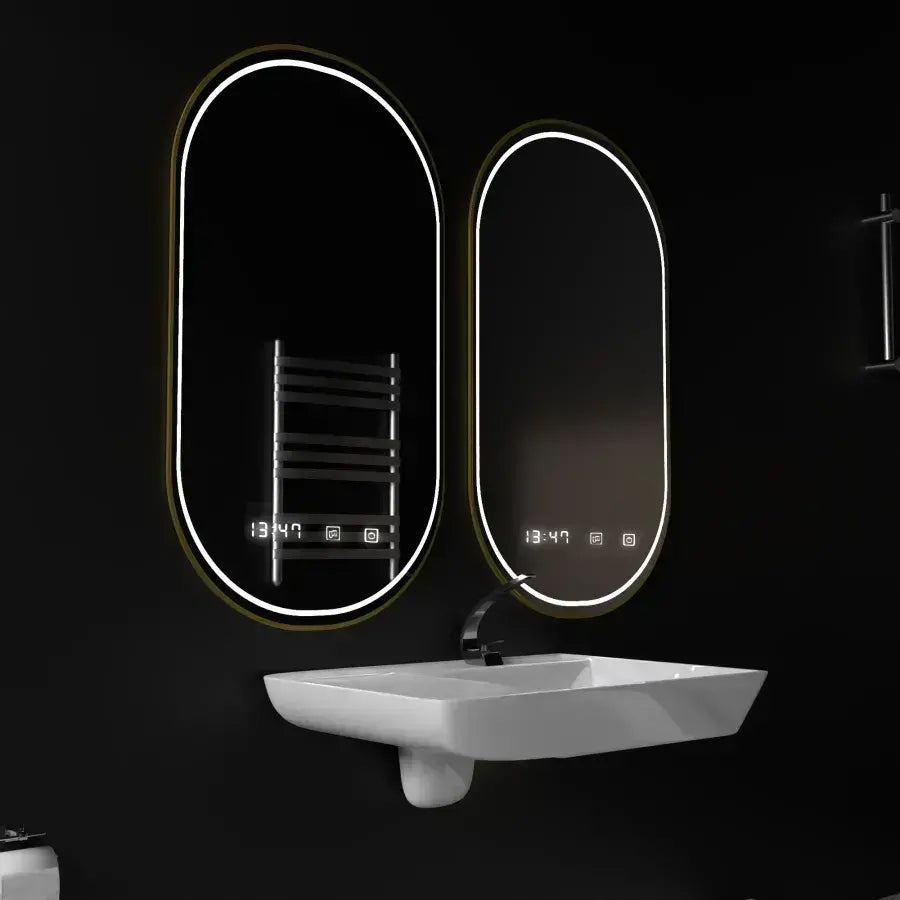 Овално LED огледало, 50x80 см, сензор Roven Marcello MotionGlow, система за обезпотяване, часовник и термометър, димируеми огледала Marcello Заглавие по подразбиране Alessandro Design