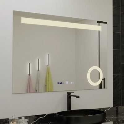 Правоъгълно LED огледало, 120x80 см, ABSOLU MotionGlow Marcello, система против запотяване, часовник и термометър, козметична лупа, димиране