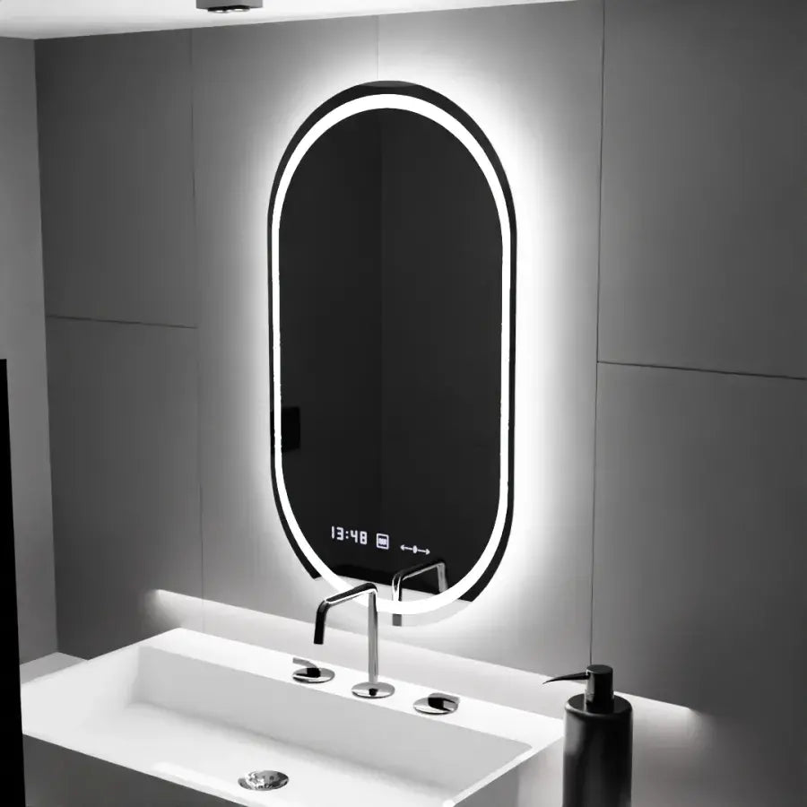 Овално LED огледало, 60x80 см, Eminence MotionGlow Marcello, система за обезпотяване, часовник и термометър, димируеми огледала Marcello Заглавие по подразбиране Alessandro Design