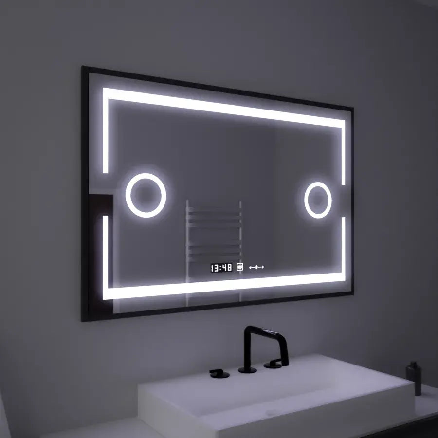 Правоъгълно LED огледало, 120x80 см, сензор Marcello MotionGlow, система за обезпотяване, часовник и термометър, козметична лупа, димируеми огледала Marcello Заглавие по подразбиране Alessandro Design