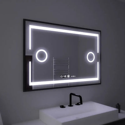 Правоъгълно LED огледало, 120x80 см, сензор Marcello MotionGlow, система за обезпотяване, часовник и термометър, козметична лупа, възможност за димиране