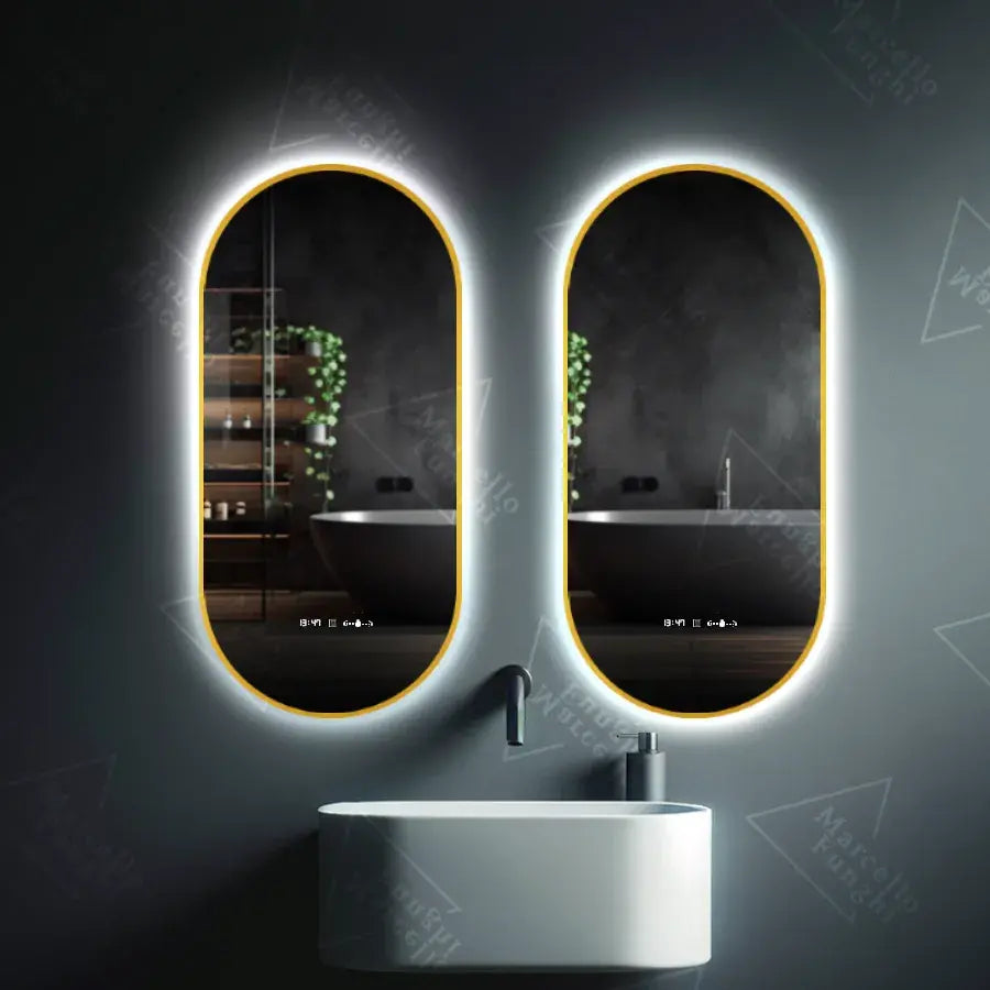 Овално LED огледало, 60x80 см, сензор Revin Marcello, система против запотяване, часовник и термометър, димируеми огледала Marcello Заглавие по подразбиране Alessandro Design