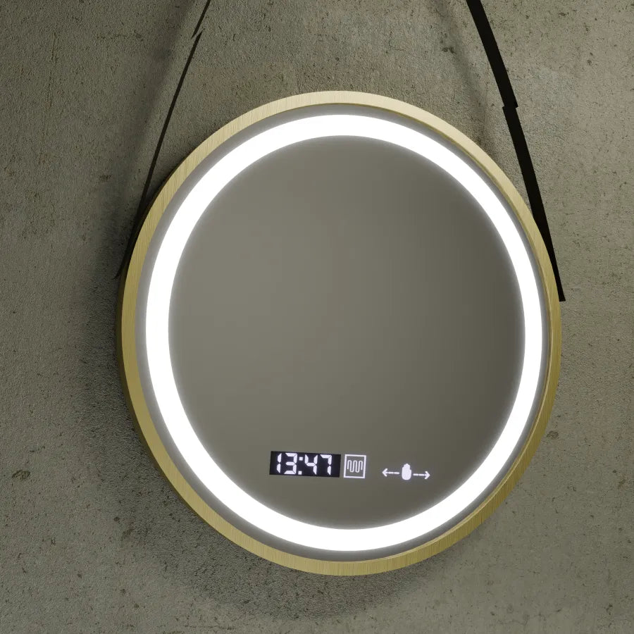 Кръгло LED огледало, 60 см, Celeste Royale Gold Eleve MotionGlow Marcello, система за обезпотяване, часовник и термометър, димируема, подвижна каишка Marcello огледала Заглавие по подразбиране Alessandro Design