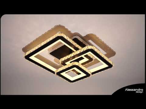 LED полилей с дистанционно управление и кристал LEILA 88W, 3 квадрата, Студена/Топла/Неутрална светлина, Димируем, Гланцов черен хром